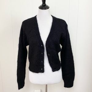 Vintage Cristina Black Wool Mohair Knit V Neck Button Front Cardigan Size Large